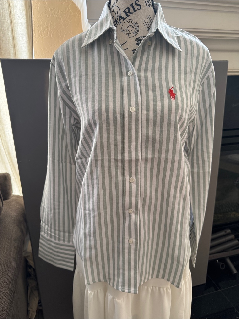 Polo by Ralph Lauren Light Green and White Vertical Stripe Dress Shirt